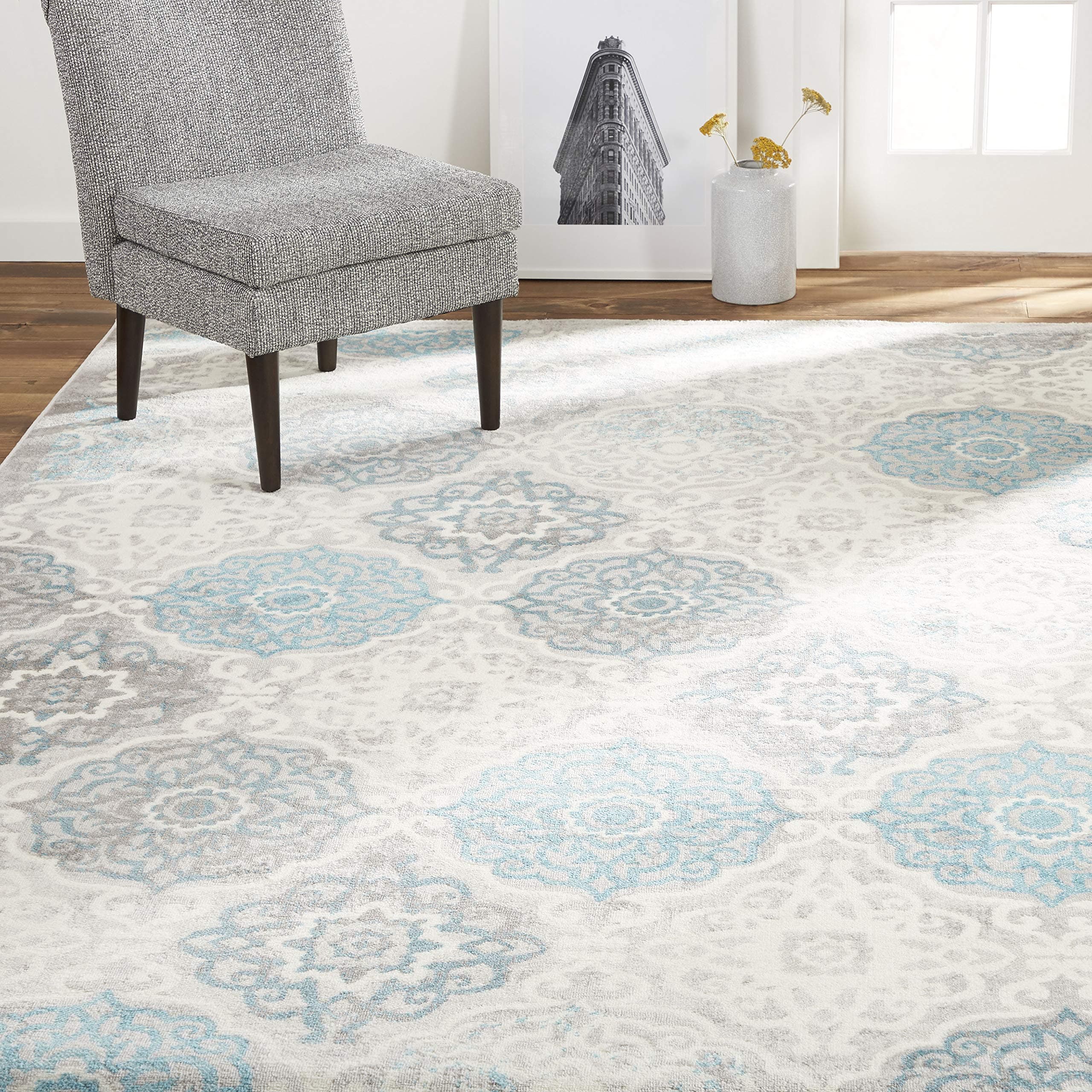 Boho Andorra Transitional Damask Area Rug, Grey/Blue, 5'2"x7'2"
