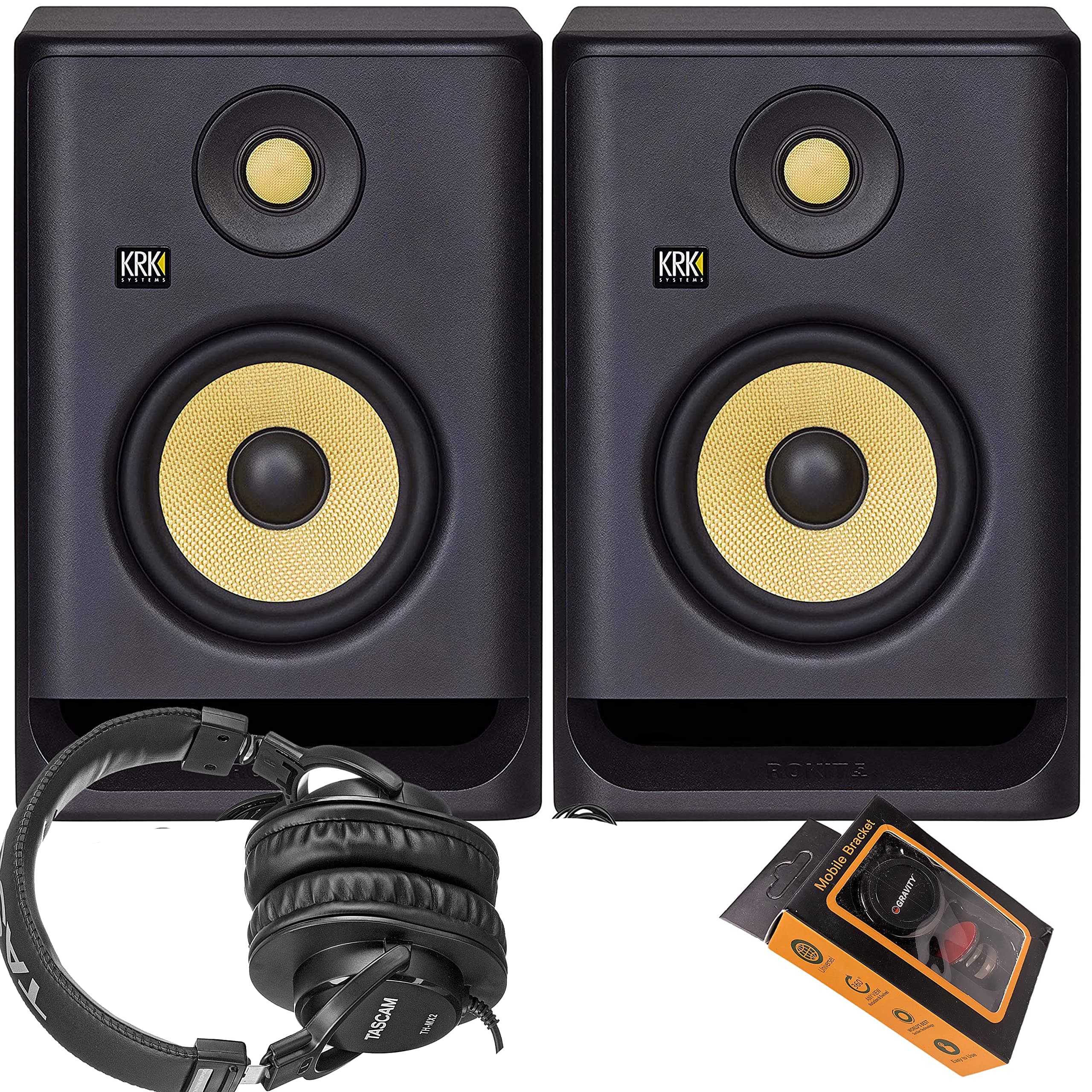 RP5 Rokit 5 G4 Professional Bi-Amp 5" Powered Studio Monitor Pair + TH-MX2 Headphone + Magnet Phone Holder, Black (KRK1205-003)