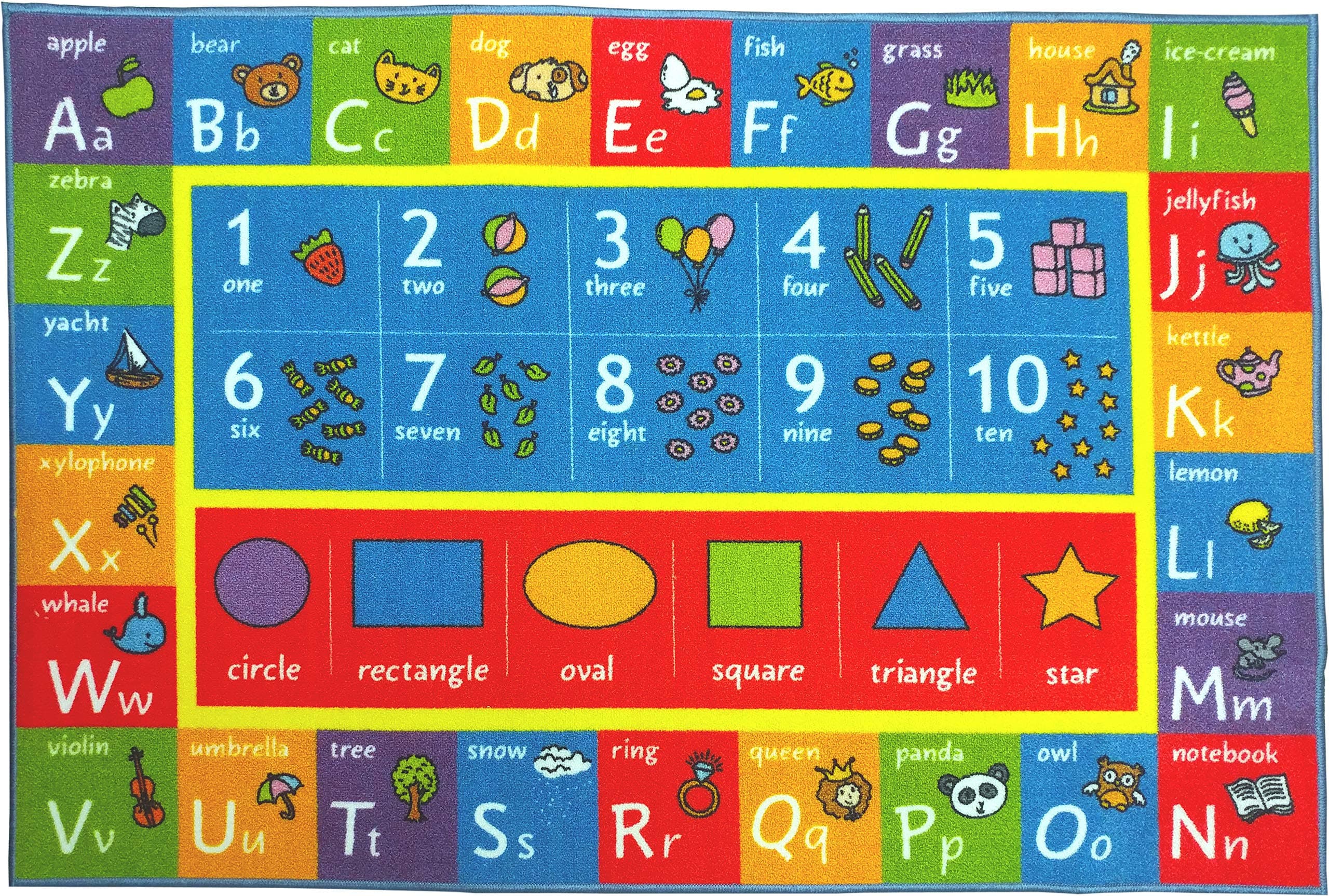 KC CUBS ABC Alphabet, Numbers and Shapes Educational Learning & Fun Game Play Area Non Slip Boy Girl Kids Rug Carpet for Children Bedroom, Toddler Classroom Baby Playroom Mat, Playtime Activity