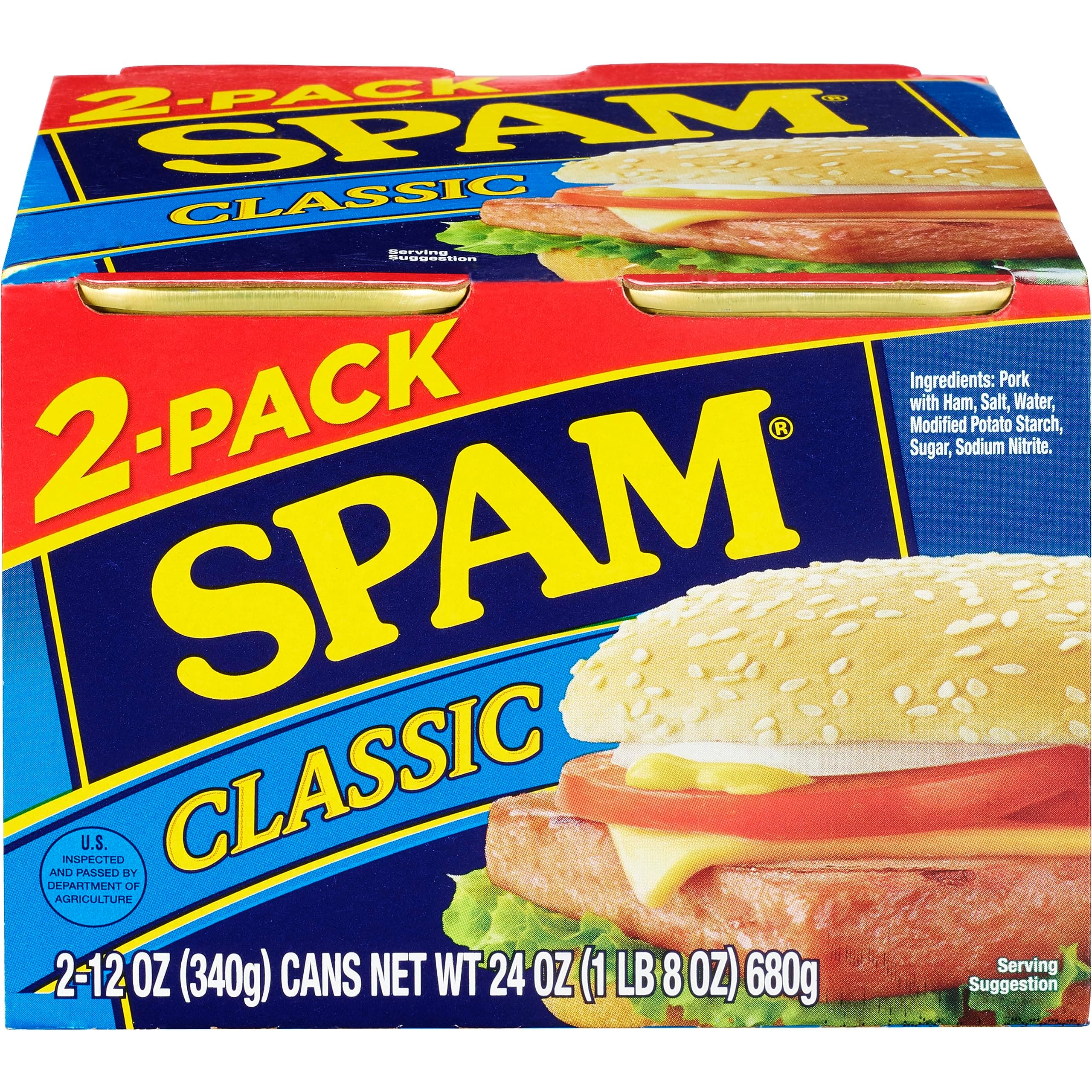 Classic, 12 Ounce Can (2 Pack), Fully Cooked Pork, 0g Trans Fat, Low Carb, Keto-Friendly, Gluten Free, Easy Open SPAM Canned Meat, for Sandwiches & Breakfast