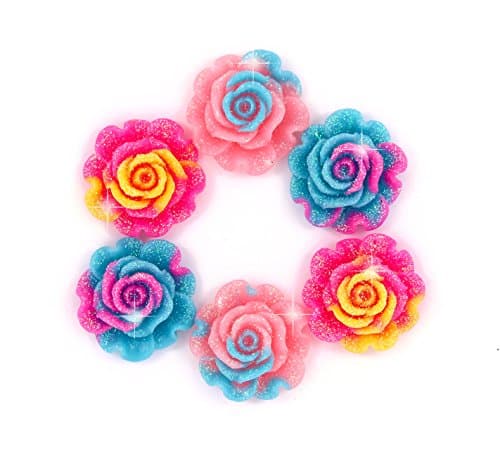 6 x Cute Rainbow Sparkle Rose Flower Flat Back Cabochons Craft Decoden Kawaii