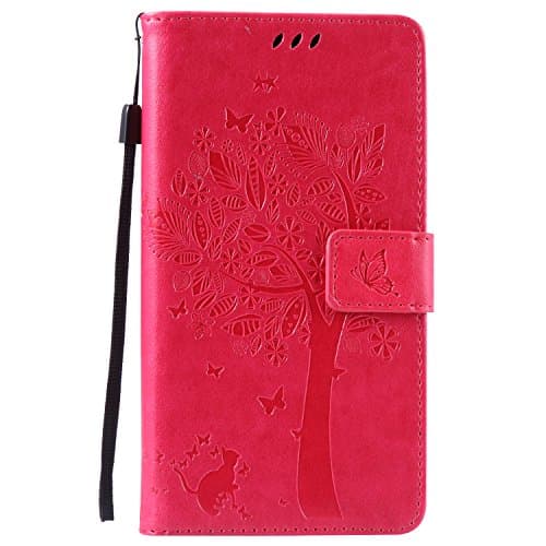 Huawei Honor 4X Case Leather, Ecoway Cat and tree Patterned Embossing PU Leather Stand Function Protective Cases Covers with Card Slot Holder Wallet Book Design Detachable Hand Strap for Huawei Honor 4X - Rose Red