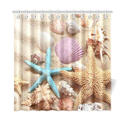 Minsoku Summer Beach Home Decor, Seashell Starfish Sand Polyester Fabric Shower Curtain Bathroom Sets 72 X 72 Inches