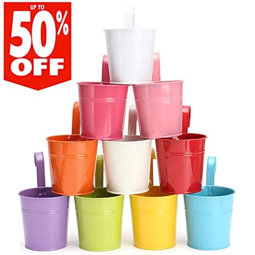 king do way Metal Flower Pot with Datachable Handle and Drainage Holes Vintage Style Hanging Planter Pot Balcony Garden Decor (5 PCS)