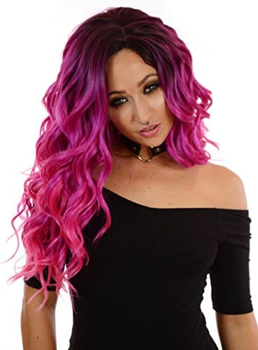 Carnival Doll Long Curly Full Volume Thick Lace Front Wig in Bright Fuchsia Pink Purple Ombre