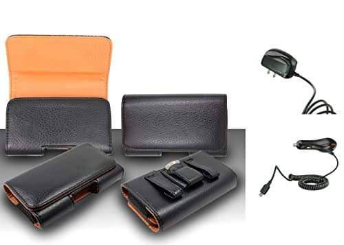 For Alcatel One Touch Pop Astro (T-Mobile) - Premium Classic Black Pebble Texture Leather Belt Case Clip Holster Pouch (Fit for With Slim Case Together) + Travel Charger & Car Charger