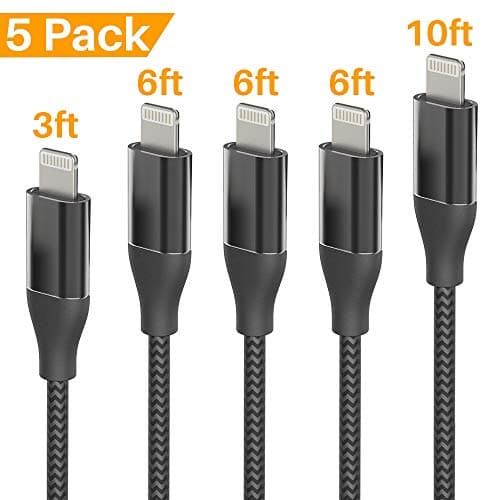 Lansen Charger Cables 5Pack 3FT 6FT 6FT 6FT 10FT to USB Syncing and Charging Cable Data Nylon Braided Cord Charger Compatible with iPhone X/8/8Plus/7Plus/6/6s/6Plus and More-(Black Silver)1
