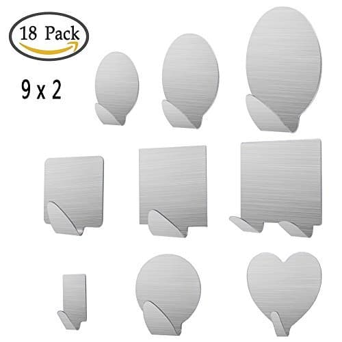 9 Size Adhesive Hooks x 2, KOSIN Heavy Duty Wall Hooks Stainless Steel Ultra Strong Waterproof Wall Hangers for Robe, Coat, Towel, Keys, Bags, Home, Kitchen, Bathroom - 18 pack