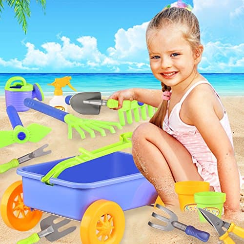Garden Wagon & Tools Toy Set for Kids - Includes 8 Gardening Tools, 4 Pots, Water Pail and Spray - Great Beach and Sand Toys