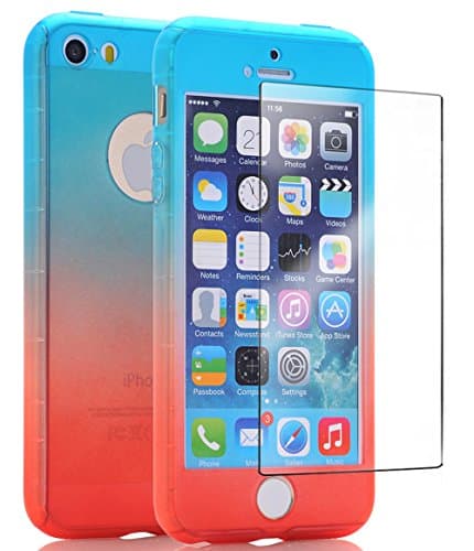 iPhone 5S Case With Tempered Glass Screen Protector, Liberwill Ombre Colorful Full Body Protect Slim Fit Fade Blue to Red Ultra Thin Light Weight Hard Snap-On Case for Apple iPhone 5 & iPhone 5S