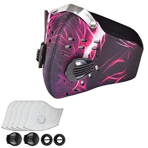 Pollution Mask Dust Mask Dustproof with 5 Extra Filters and 2 Valves for Exhaust Gas, Pollen Allergy, PM2.5, Running, Cycling, Outdoor Activities (Red)