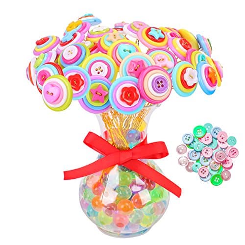 DIY Button Flowers Set, Craft Iron Wire Button Felt Bouquets Kit, 30 flowers with Glass Bottle