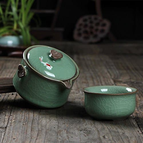 Celadon Tea Set 5-Ounce Ceramic Teapot and 2-Ounce Cup with Natural Crack Engraved Fish(Army Green)