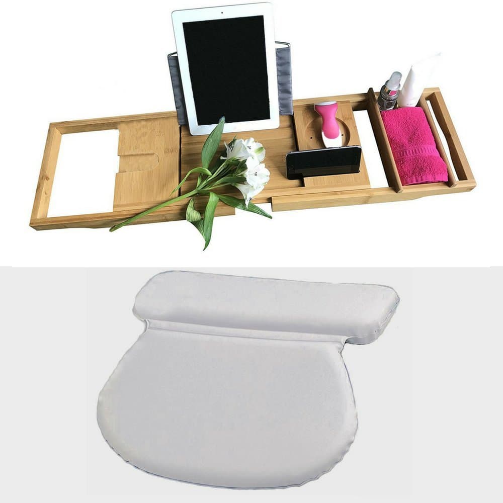 BATH CADDY WOODEN AND SPA PILLOWS SET - 1 x Bath board for wine and phone & 1 x hot tub headrests