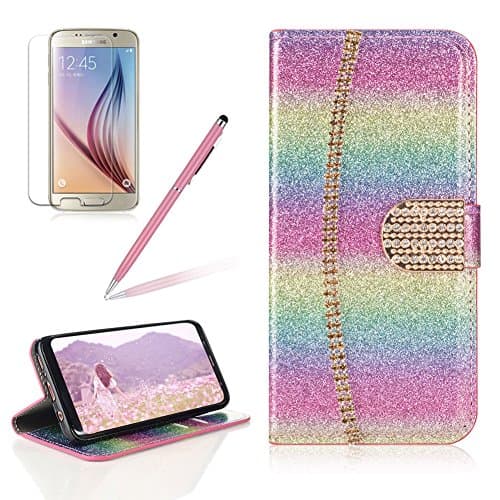 for Samsung Galaxy Note 8 Case,Girlyard Luxury Solid Colour Glitter PU Leather Wallet Diamond Magnetic Buckle with Credit Card Slots and Inner Soft TPU Case for Samsung Galaxy Note 8 -Rainbow Powder