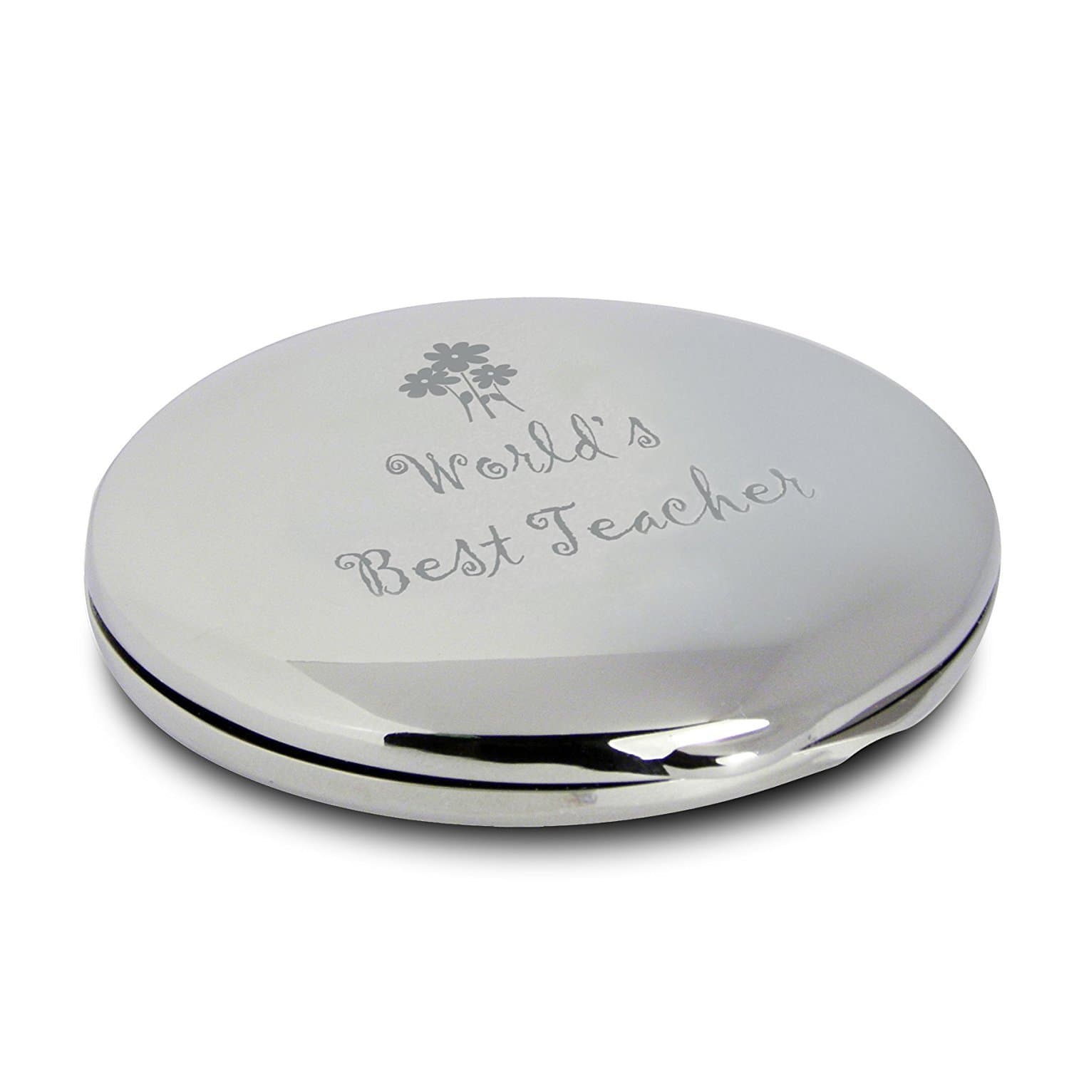 Silver Finish WORLDS BEST TEACHER Engraved Round Compact Mirror featuring Flower Motif Great Thank You Gift for Teachers Presents Gifts