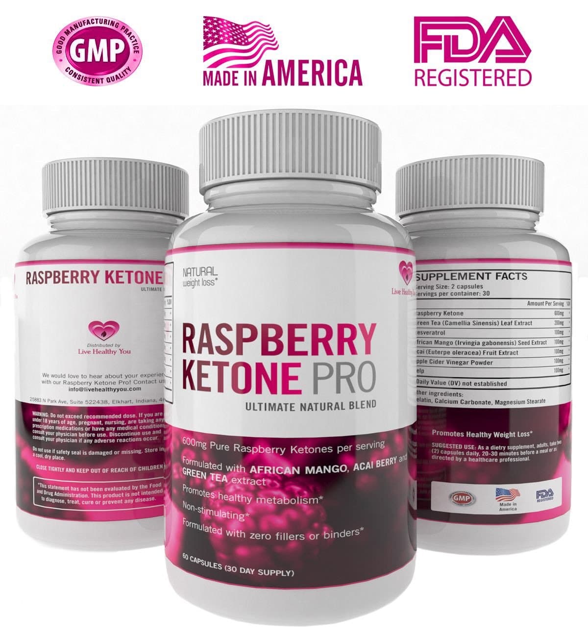 Pure Raspberry Ketones Pro - 60 CAPSULES 1300MG Maximum Strength Caffeine Free Rapid Release Diet Pills with Resveratrol - Specially Formulated Proprietary Blend - Acai Berry Powder - African Mango Seed Extract - Green Tea Extract