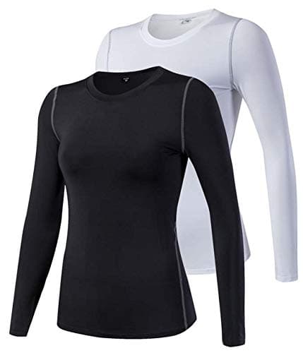 HuaTu Women Performance Compression Base Layer Long Sleeve Crew Neck Tops Tee T Shirts, 2 Pack Black & White, Small