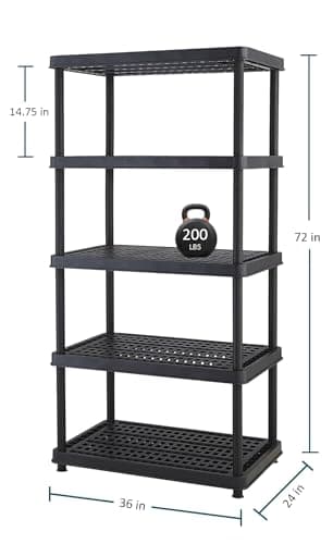 Keter Resin 5-Tier Freestanding Multipurpose Shelf Display Rack for Basement, Kitchen, and Garage Storage Shelving and Organization, 24", Black