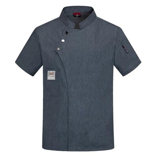 Men's Chef Coat Short Sleeve Button Shirts Chef Work Jacket Slim Fit Breathable Tops Lightweight Summer Top