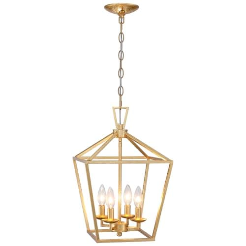 Untrammelife 4-Light Aged Gold Lantern Pendant Light, Adjustable Height Metal Geometric Light Fixture 12’’ Classic Cage Lantern Chandelier for Kitchen Island Hallway, Hand-Pasted Gold Foil Finish