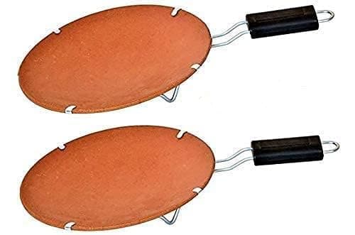 Handmade Earthenware Clay Tawa for Roti with Handle (Standard Size, Brown) (Q-2 Tawa) Pack of 2