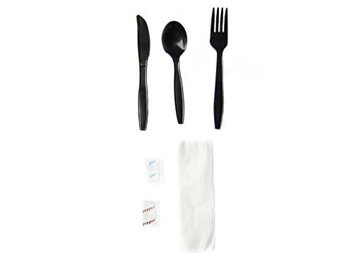 Fuling, Black Heavy-Medium Weight Plastic Cutlery Kit, Includes Soup-Spoon, Fork, Napkin, Knife, Salt/Pepper, Disposable (Box of 250)