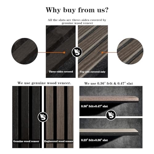 Wood Panels for Wall, Wood Slat Wall Panel - 2 Pack, Black Wood Slats for Wall, Natural Smoked Wood Veneer Accent Wall Panels, Acoustic Slat Wood Wall Panels - 12.6" W x 94.5" L