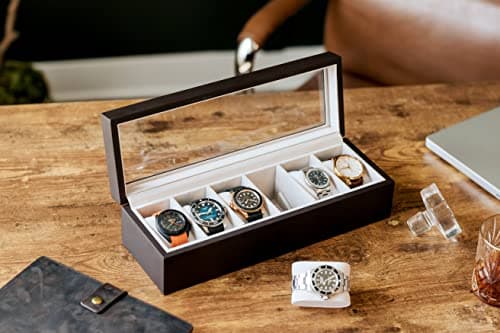 Solid Espresso Wood Watch Box Organizer with Glass Display Top by caseElegance brown