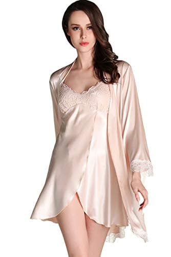 Awaye Satin Nightgown with Robe Solid Lace Silk Like 3/4 Sleeve Night Gown Two Piece Suit Short Slip Sleepwear