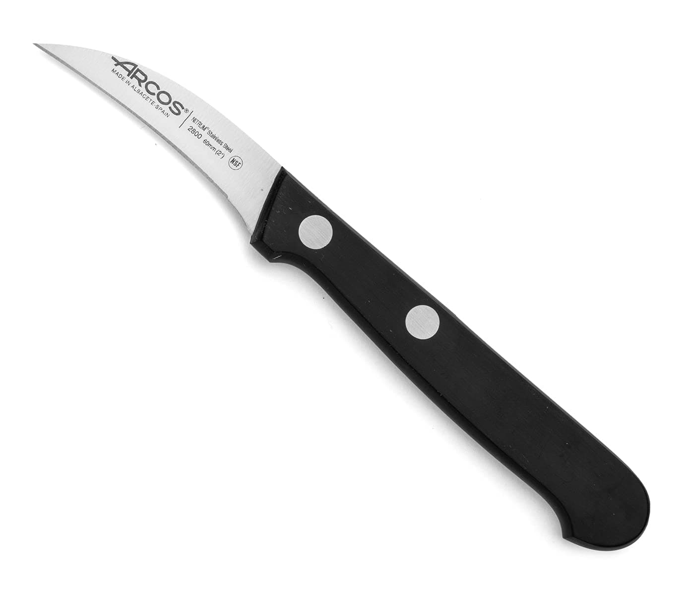 Arcos Curved Paring Knife 2 Inch Stainless Steel. Kitchen Knife for Peeling Fruits and Vegetables. Ergonomic Polyoxymethylene Handle and 60 mm Blade. Series Universal. Color Black.