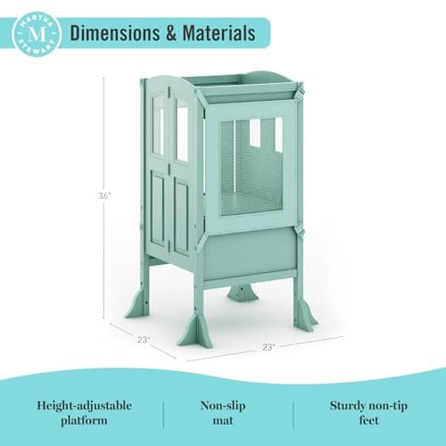 Martha Stewart Kitchen Helper Stool by Guidecraft with 2 Keepers - Mint: Kids Wooden Kitchen Furniture, Adjustable Height Counter Step Stool for Toddlers