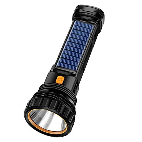 Solar/Rechargeable 1000 Lumen LED Flashlight. High/Low Beam, Built in Solar Panel Charges Indoors or Out, USB Cable Included for Quick Charge