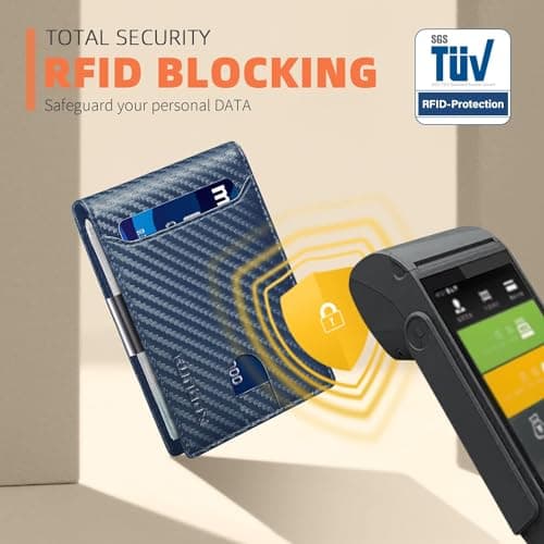 RUNBOX Mens Slim Wallet with Money Clip RFID Blocking Front Pocket Bifold Minimalist Credit Card Holder for Men with Gift Box, Carbon Blue, medium, Minimalist