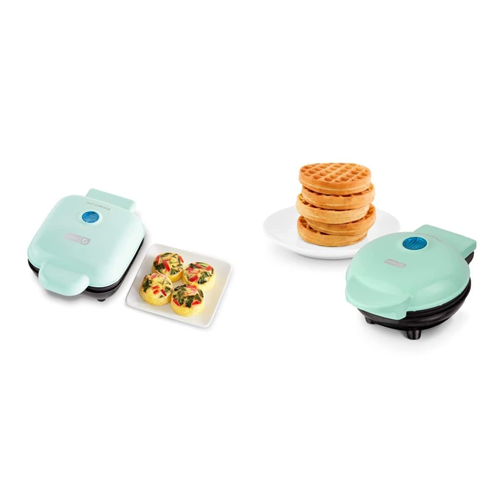 Dash DBBM450GBAQ08 Deluxe Sous Vide Style Egg Bite Maker, Aqua & DMW001AQ Mini Maker for Individual Waffles, Hash Browns, Keto Chaffles with Easy to Clean, Non-Stick Surfaces, 4 Inch, Aqua