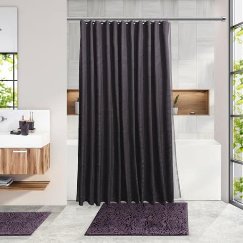 Clara Clark Bathroom Accessories Set - Bathroom Accessory Set with Shower Curtain Set, Toilet Brush, Trash Can & Soap Dispenser & Rugs (Purple, Complete Set + Bath Rugs)