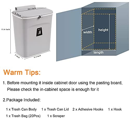 Tiyafuro None Brand 2.4 Gallon Kitchen Compost Bin for Counter Top or Under Sink, Hanging Small Trash Can with Lid for Cupboard/Bathroom/Bedroom/Office/Camping, Mountable Indoor Compost Bucket, Gray