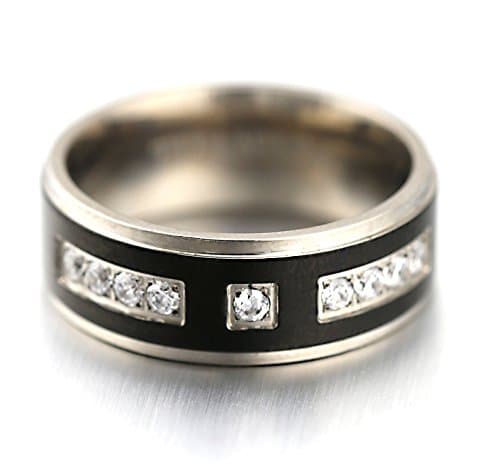 Black Silver Solid Titanium Cubic Zirconia Men Wedding Eternity Band Ring Gift (10)