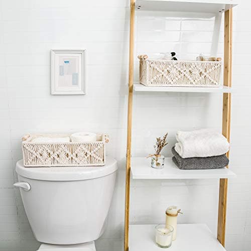 Macrame Storage Baskets Decor Box Handmade Woven Decorative Countertop Toilet Tank Shelf Cabinet Organizer Boho Decor for Bedroom Nursery Livingroom Set of 2, Ivory