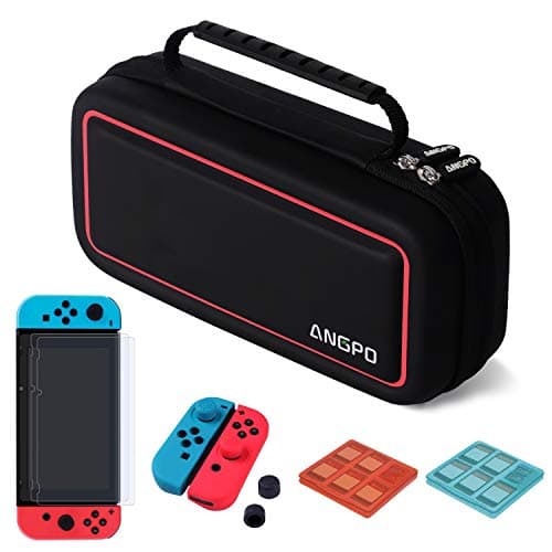 ANGPO for Nintendo Switch 4in1 Protector Kit,Hard Shell Travel Case/Joycon Grips Guards/2x HD Anti Glare Switch Screen Protector/2x Game Card and Micro SD Card Case (PU-Red)