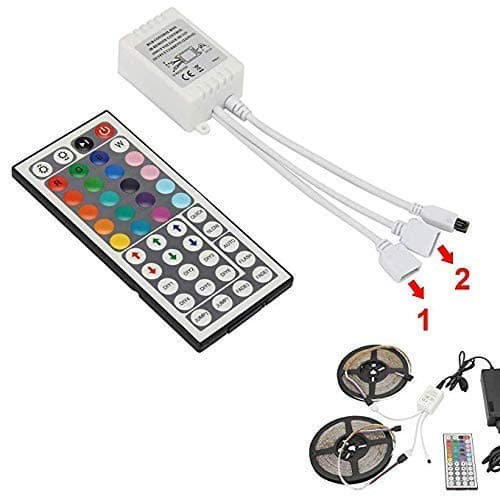 Uhomely 12V Remote Controller, 44 Key IR Wireless Controller with 2-in-1 RGB LED Strips Lights DC Connector, 4 Pin Dimmer Brightness Flash Control Options, LED Accessories for SMD3528 5050 LED Strips