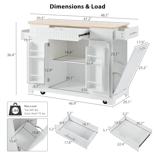 Mobile Kitchen Island on 5 Wheels, Fluted Kitchen Island with Trash Can Storage Cabinet, Adjustable Shelves, Internal Storage Rack, 3 Open Side Racks for 10 Gallon Garbage Bin (White/379)
