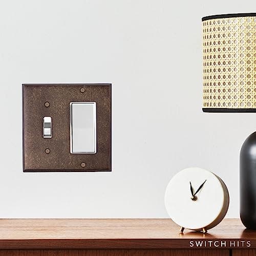 Switch Hits Light Switch Plate Outlet Cover GFCI Wall Plate | 1 Toggle - 1 Rocker Mottled Antique Brass Electrical Faceplate | Hand Polished Brass Construction | 2 Gang, 4.5" W x 4.5" H