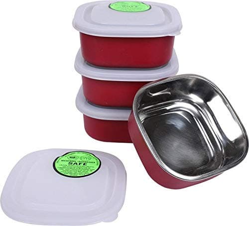 Square Stainless Steel Microwave Safe 4 Container - Each 400 ML Steel (Red)