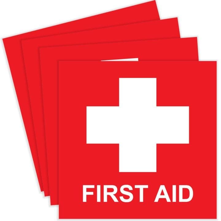 First Aid Sticker Decal - 4 x 4 Inches, First Aid Kit Sticker Sign, Red Cross Self-Adhesive Vinyl, Water and Fade Resistant, Indoor & Outdoor Use (4-Pack)