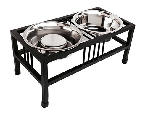 Baron Double Bowl Elevated Diner with Slow Feed Bowl - 10" Tall - Raised Feeder - Black - Pet Food and Water Bowls - Non-Skid Legs - Metal, Stainless Steel - Best Elevated Diner for Bloat
