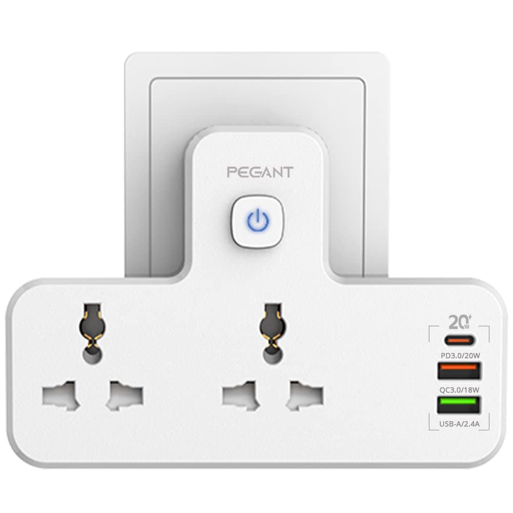 PEGANT 3 in 1 Power Extension Socket Plug Adapter, 20W USB-C PD Quick Charge Port, 2 USB-A QC3.0, 2 Universal Outlets Power Extender, UK 3-Pin plug with light for Home, Office, Kitchen