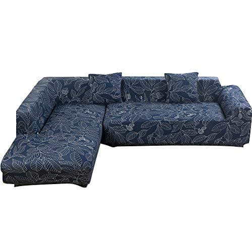Beacon Pet L Shape Sofa Covers Sectional Sofa Cover 2pcs Polyester Fabric Stretch Slipcovers + 2pcs Pillow Covers for L-Shape Couch - Blue Leaves Color (L-Shape 2+3 Seats)