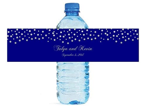 Silver Confetti Falling On Navy Background Water Bottle Labels Weddings Anniversary Bridal Shower Easy to Use