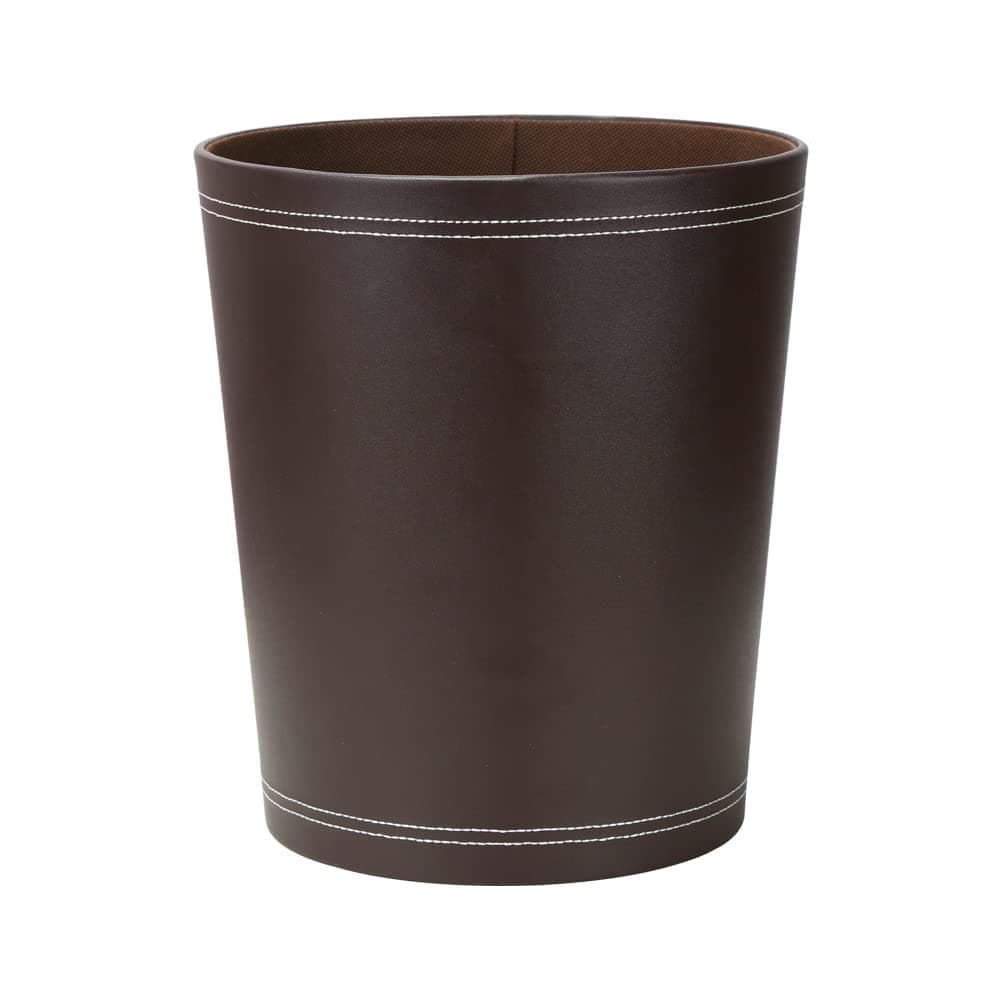 KINGFOM Classic Pu Leather Trash Can Wastebasket, Garbage Container Can for Bathrooms, Powder Rooms, Kitchens, Home, Office and and High Class Hotel Round Brown
